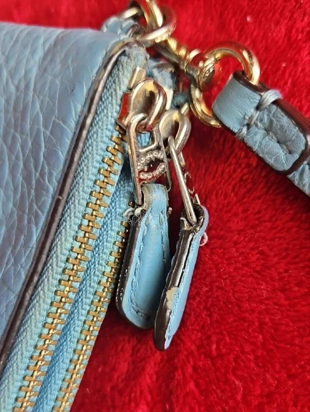 COACH Teal Blue Pebbled Leather Large Double Zipper Compartments Wristlet Clutch